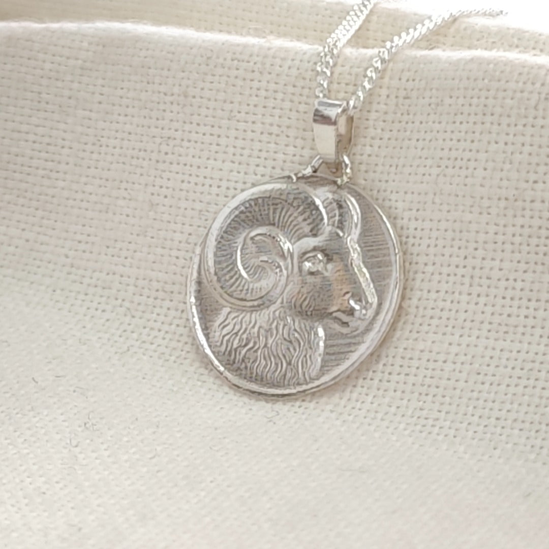 Aries Ram Zodiac Coin Necklace – Deep Engraved Recycled Sterling Silver