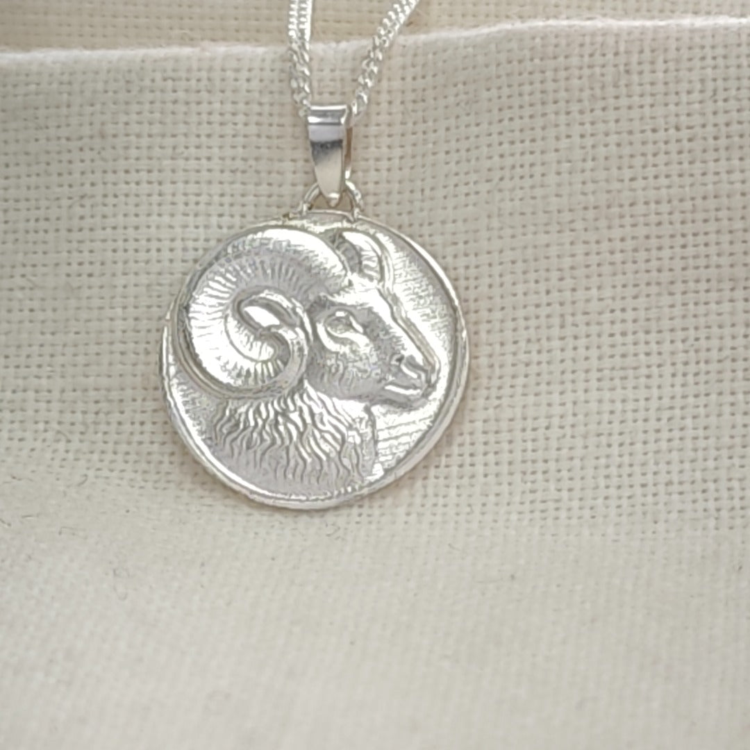 Aries Ram Zodiac Coin Necklace – Deep Engraved Recycled Sterling Silver