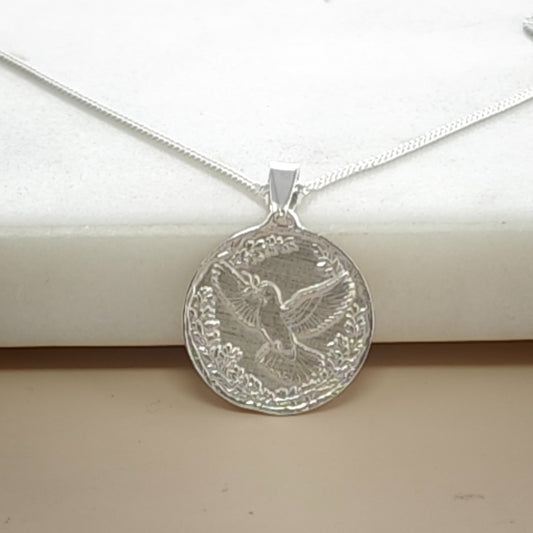 Dove Engraved Sterling Silver Coin Necklace