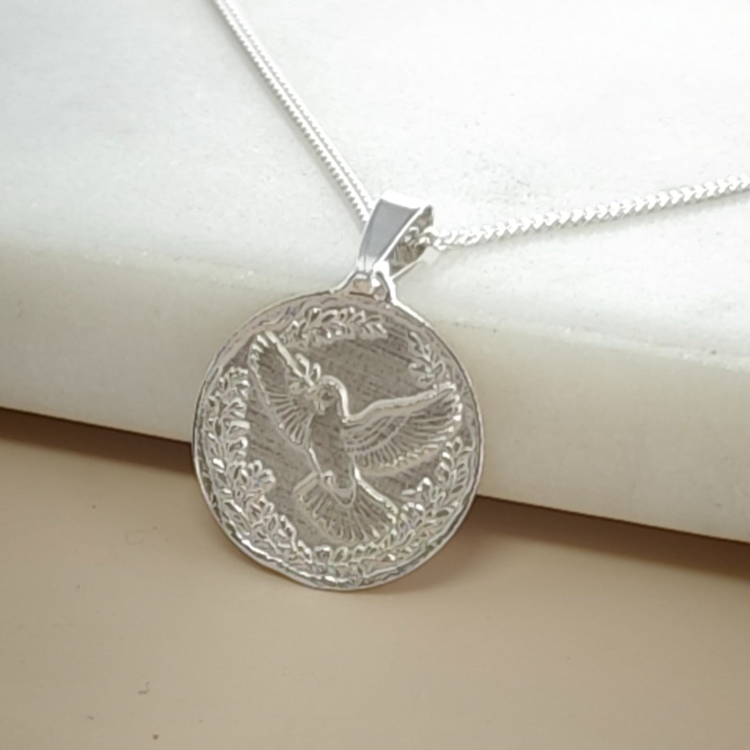 Dove Engraved Sterling Silver Coin Necklace