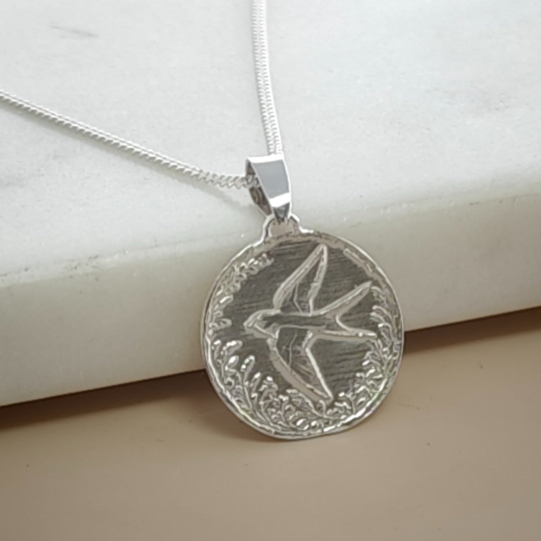 Swallow Engraved Sterling Silver Coin Necklace