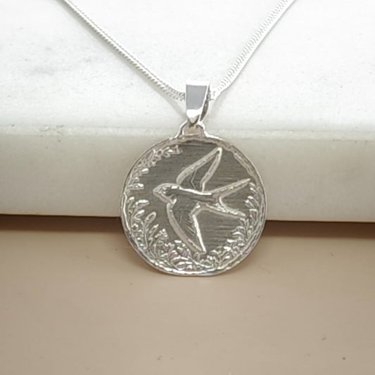 Swallow Engraved Sterling Silver Coin Necklace