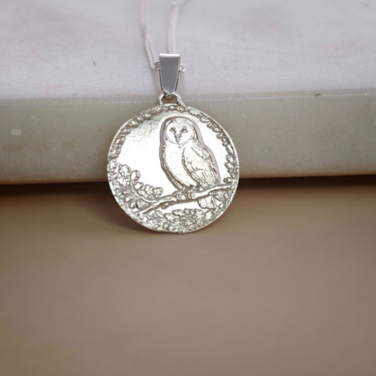 Owl Engraved Sterling Silver Coin Necklace