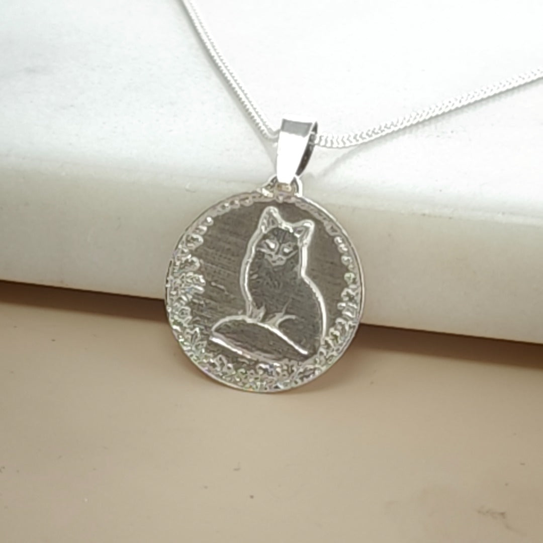 Fox Engraved Sterling Silver Coin Necklace