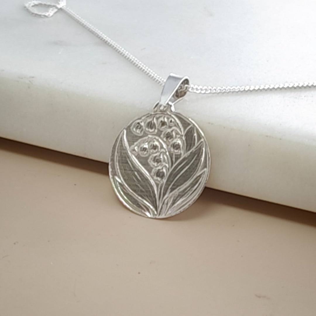 Lily of the Valley Engraved Sterling Silver Coin Necklace