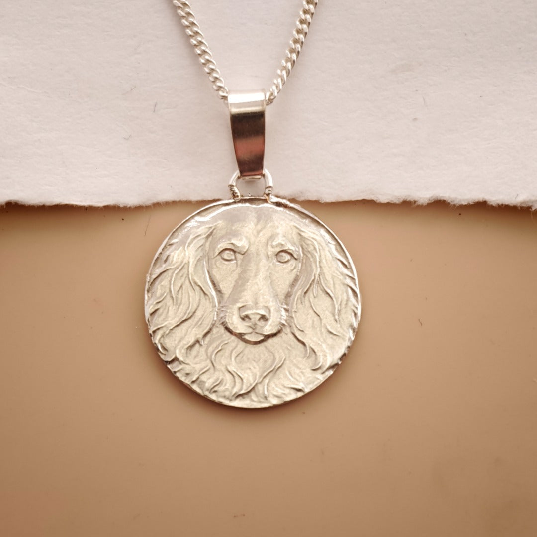 Dachshund Long Haired Engraved Sterling Silver Coin Necklace