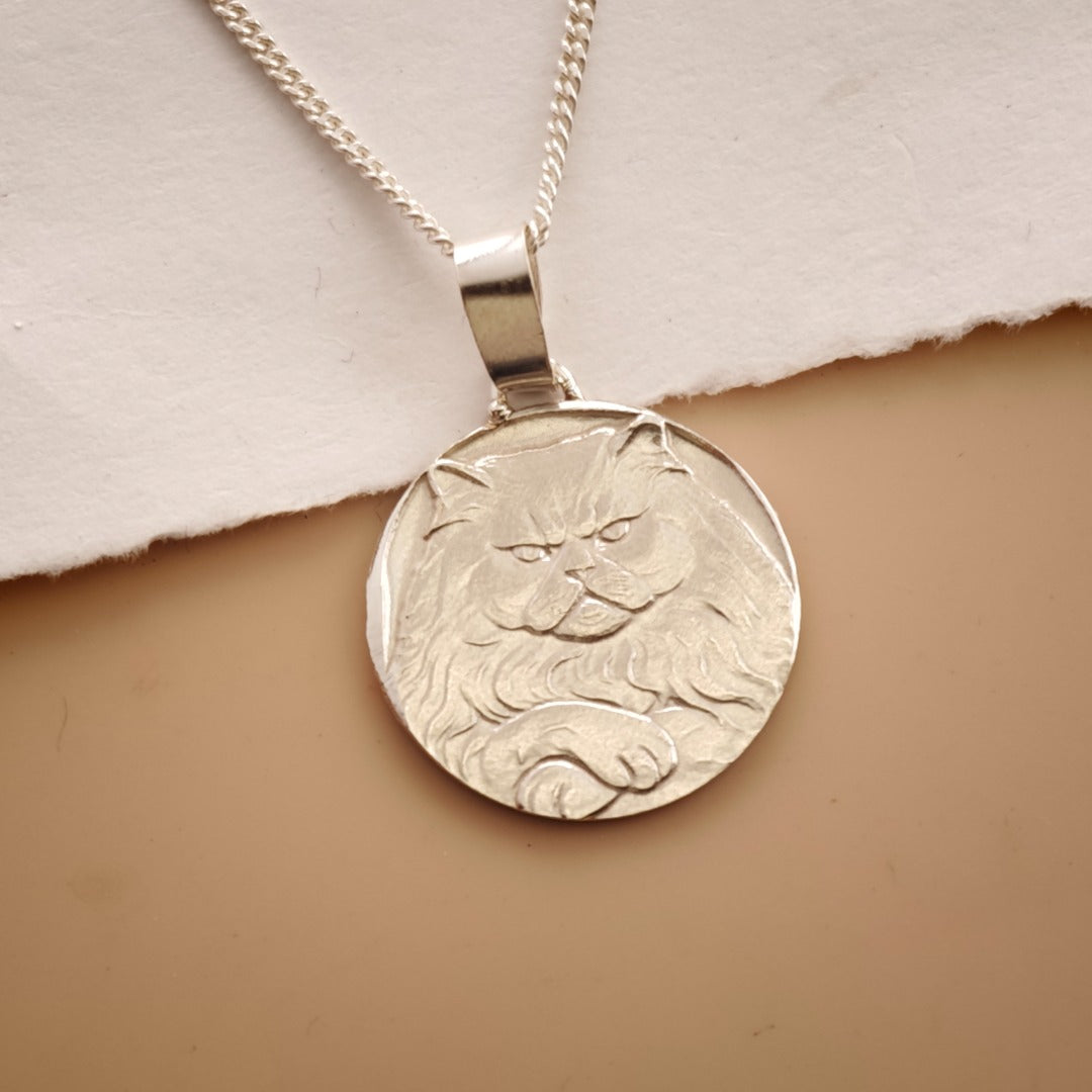 Persian Cat Engraved Sterling Silver Coin Necklace