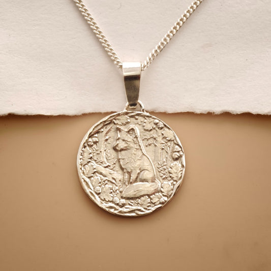 Fox Engraved Sterling Silver Coin Necklace