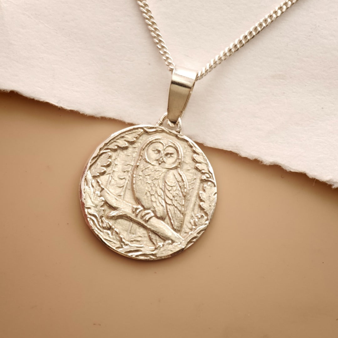 Owl Engraved Sterling Silver Coin Necklace