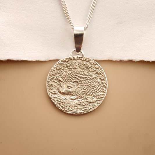 Hedgehog Engraved Sterling Silver Coin Necklace
