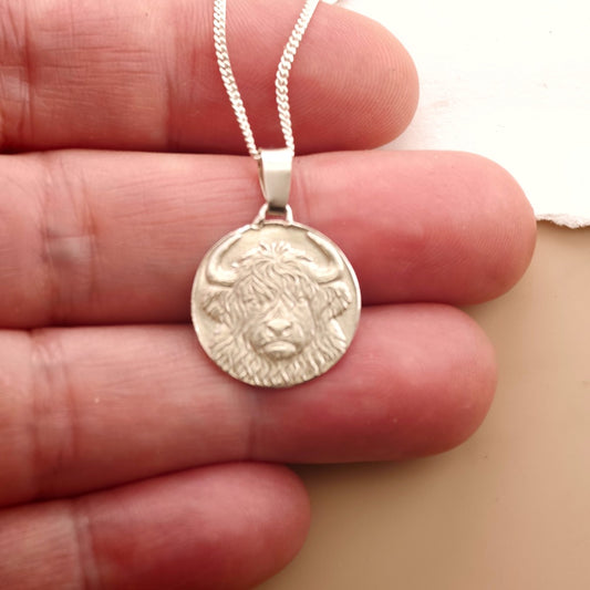 Highland Cow Engraved Sterling Silver Coin Necklace