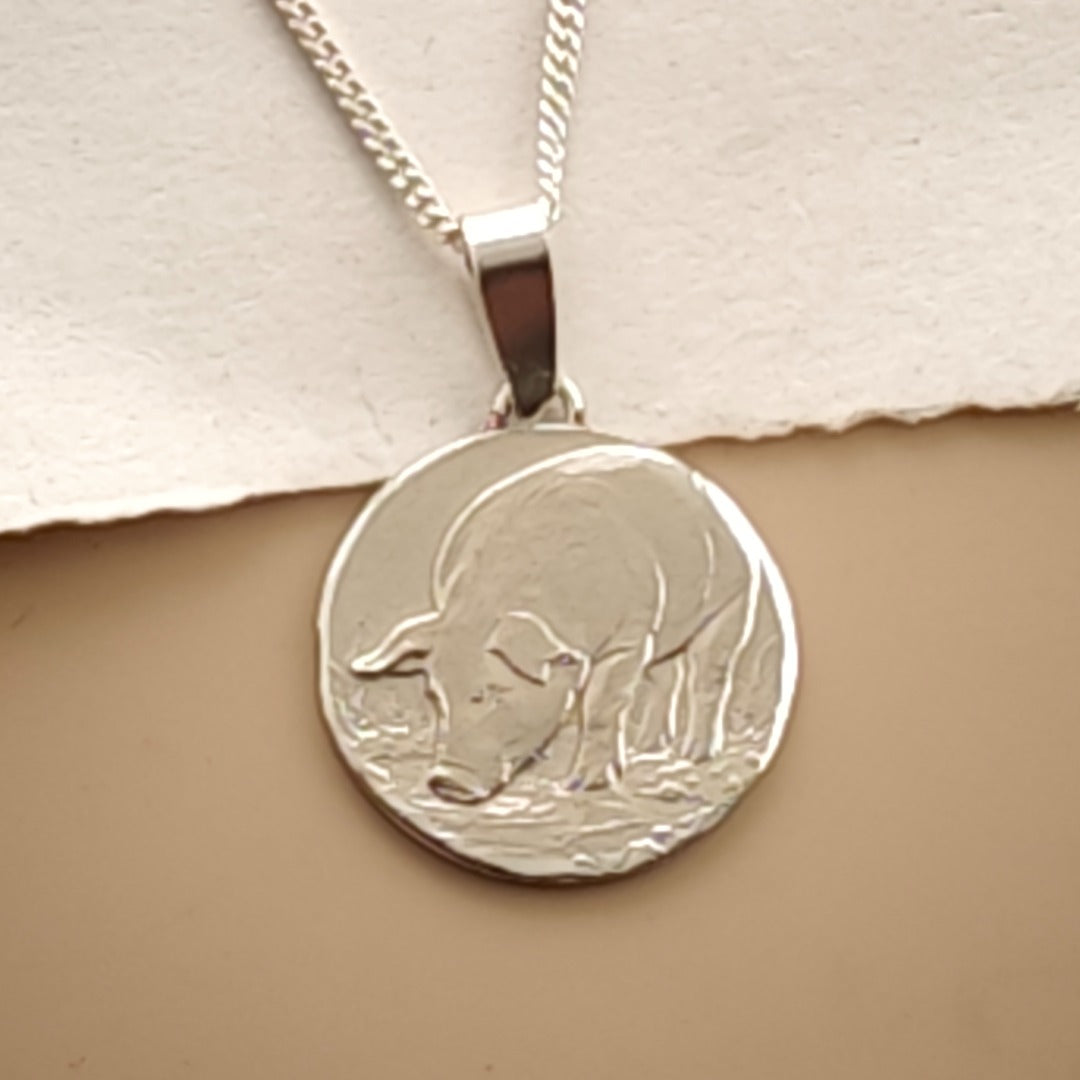 Pig Engraved Sterling Silver Coin Necklace