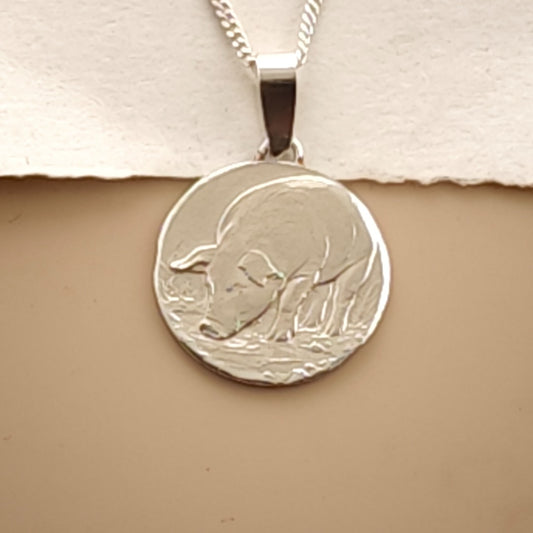 Pig Engraved Sterling Silver Coin Necklace