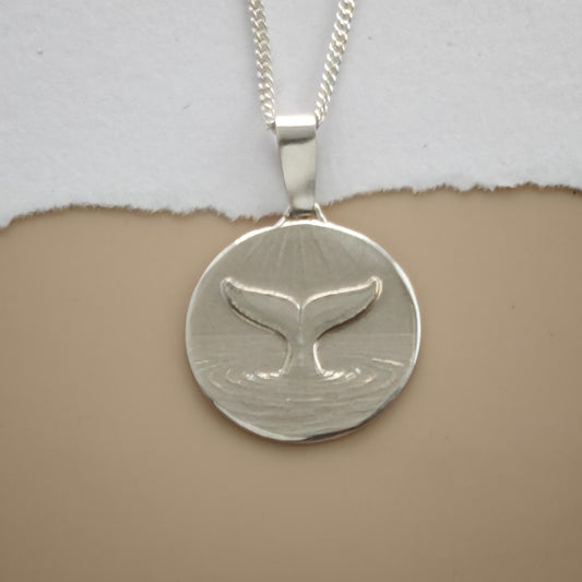 Whale Tail Engraved Sterling Silver Coin Necklace