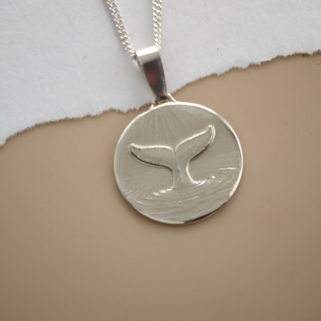 Whale Tail Engraved Sterling Silver Coin Necklace
