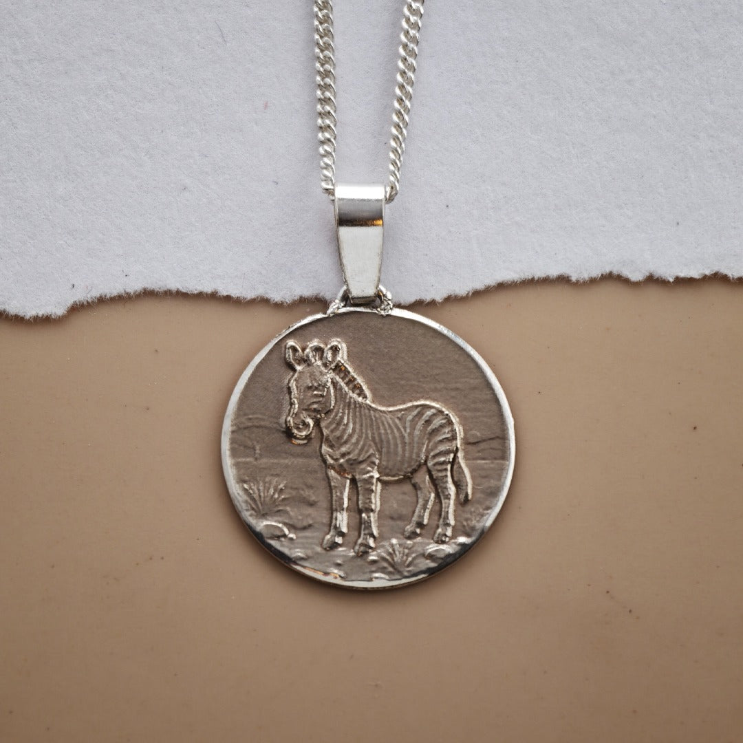 Zebra Engraved Sterling Silver Coin Necklace