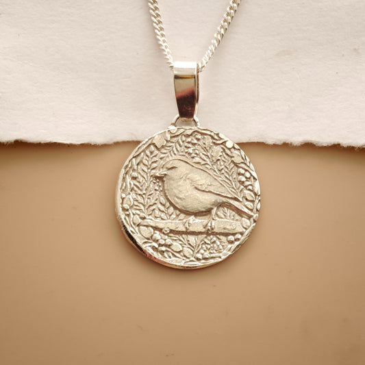 Robin Engraved Sterling Silver Coin Necklace