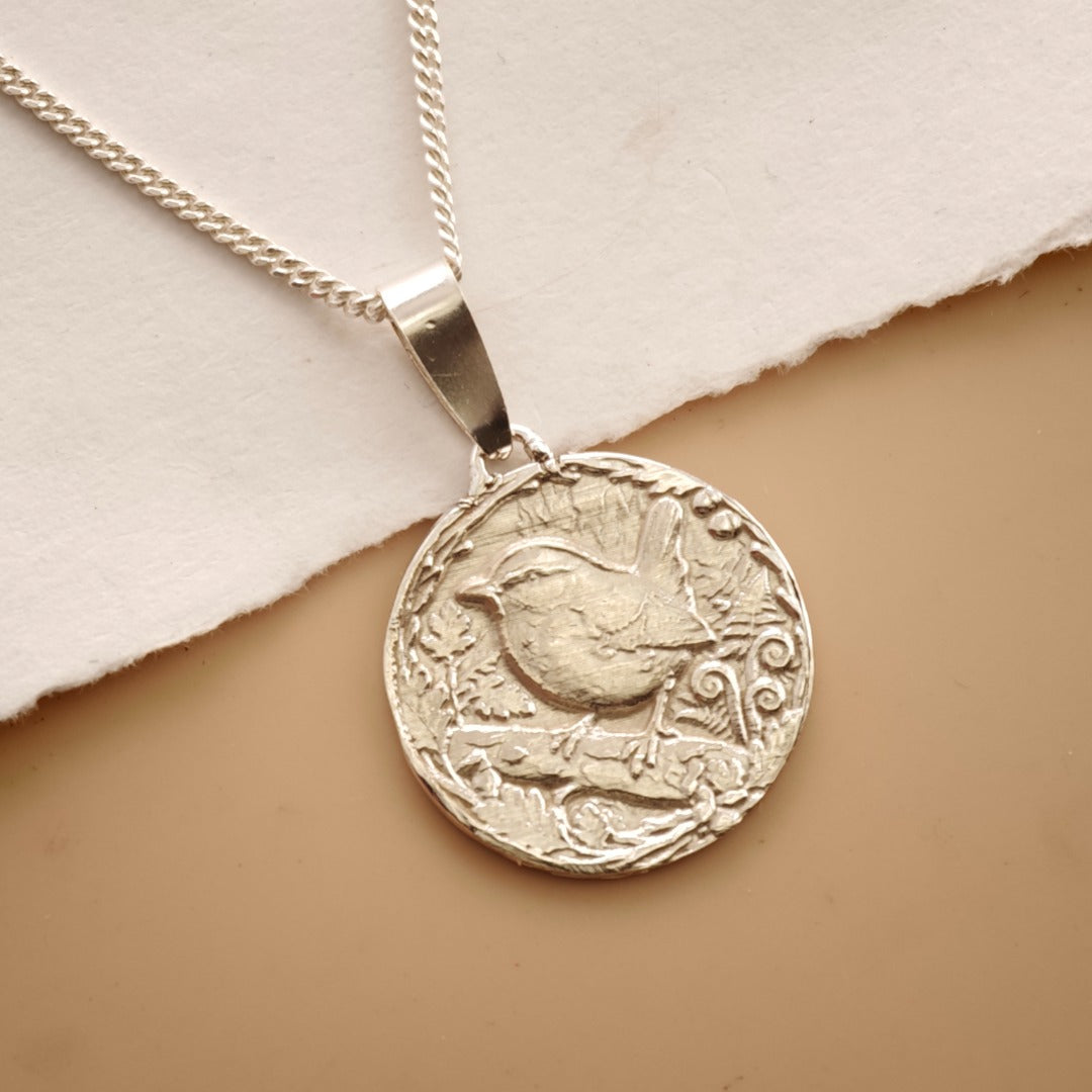 Wren Engraved Sterling Silver Coin Necklace