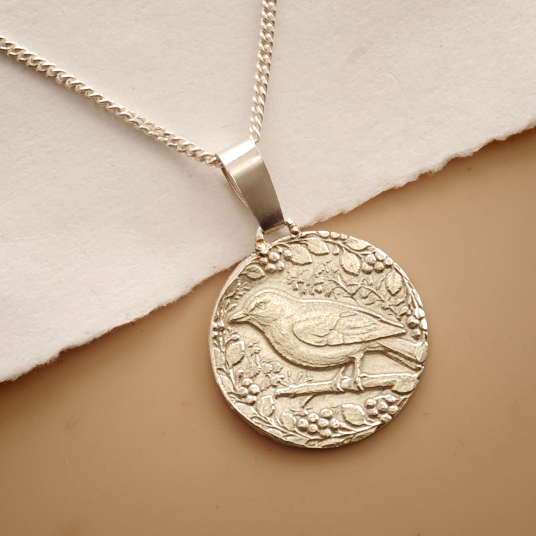 Songbird Engraved Sterling Silver Coin Necklace