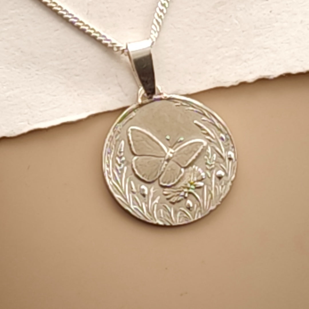 Butterfly Engraved Sterling Silver Coin Necklace