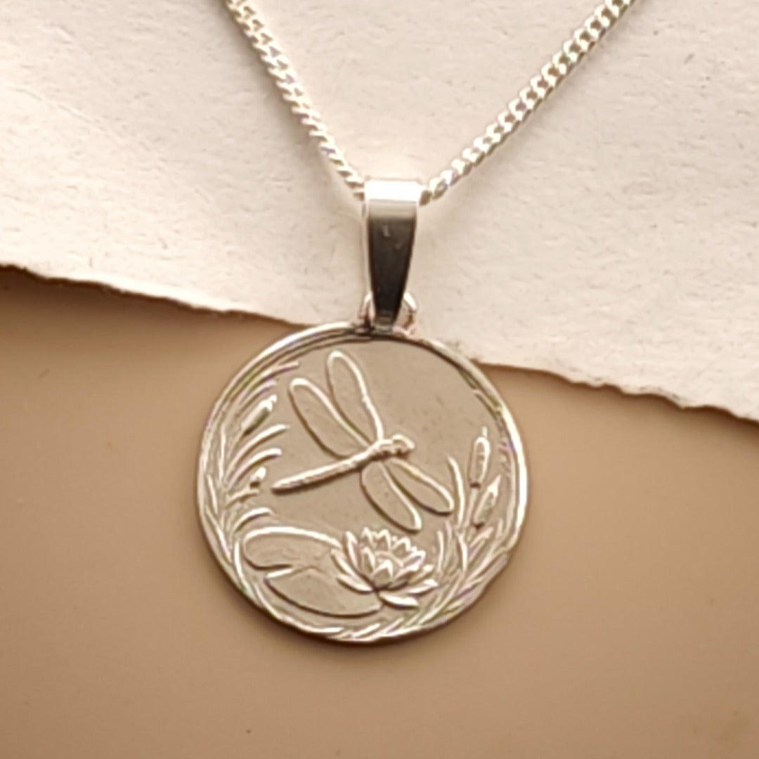 Dragonfly Engraved Sterling Silver Coin Necklace
