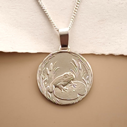 Frog Engraved Sterling Silver Coin Necklace