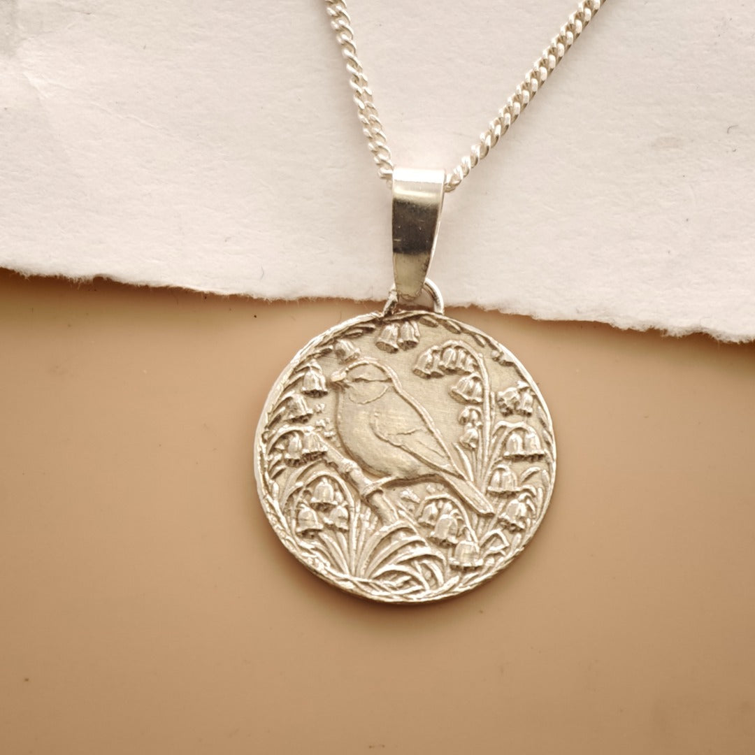 Blue Tit Engraved Sterling Silver Coin Necklace
