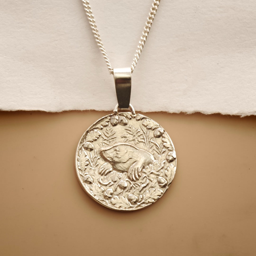 Mole Engraved Sterling Silver Coin Necklace