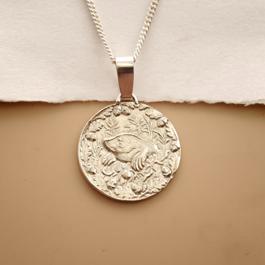 Mole Engraved Sterling Silver Coin Necklace