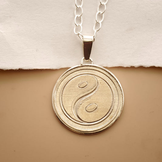 Balance Yin Yang Engraved Sterling Silver Coin Necklace