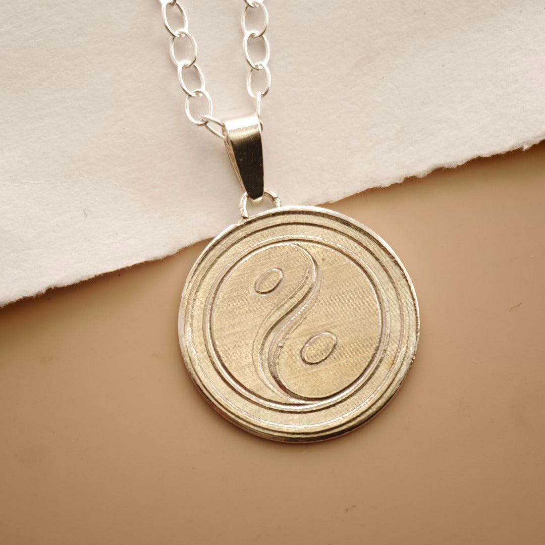 Balance Yin Yang Engraved Sterling Silver Coin Necklace