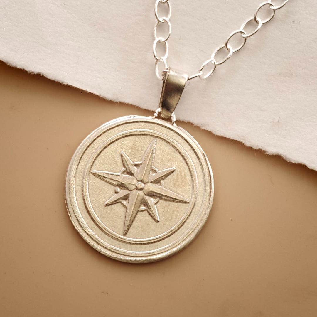 Compass Engraved Sterling Silver Coin Necklace