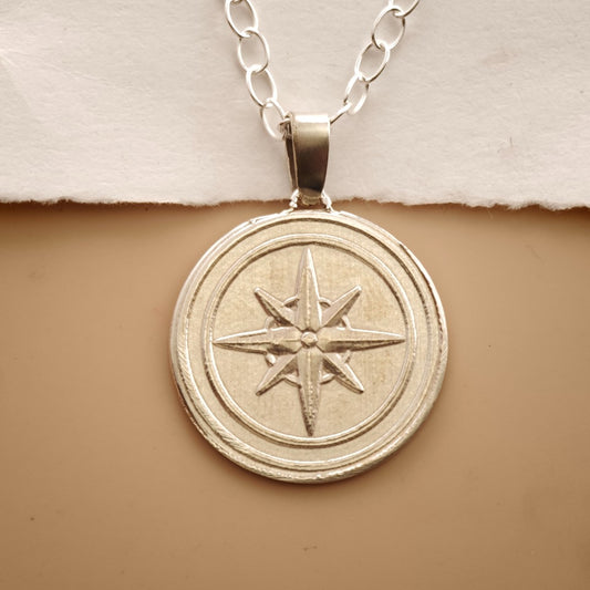 Compass Engraved Sterling Silver Coin Necklace
