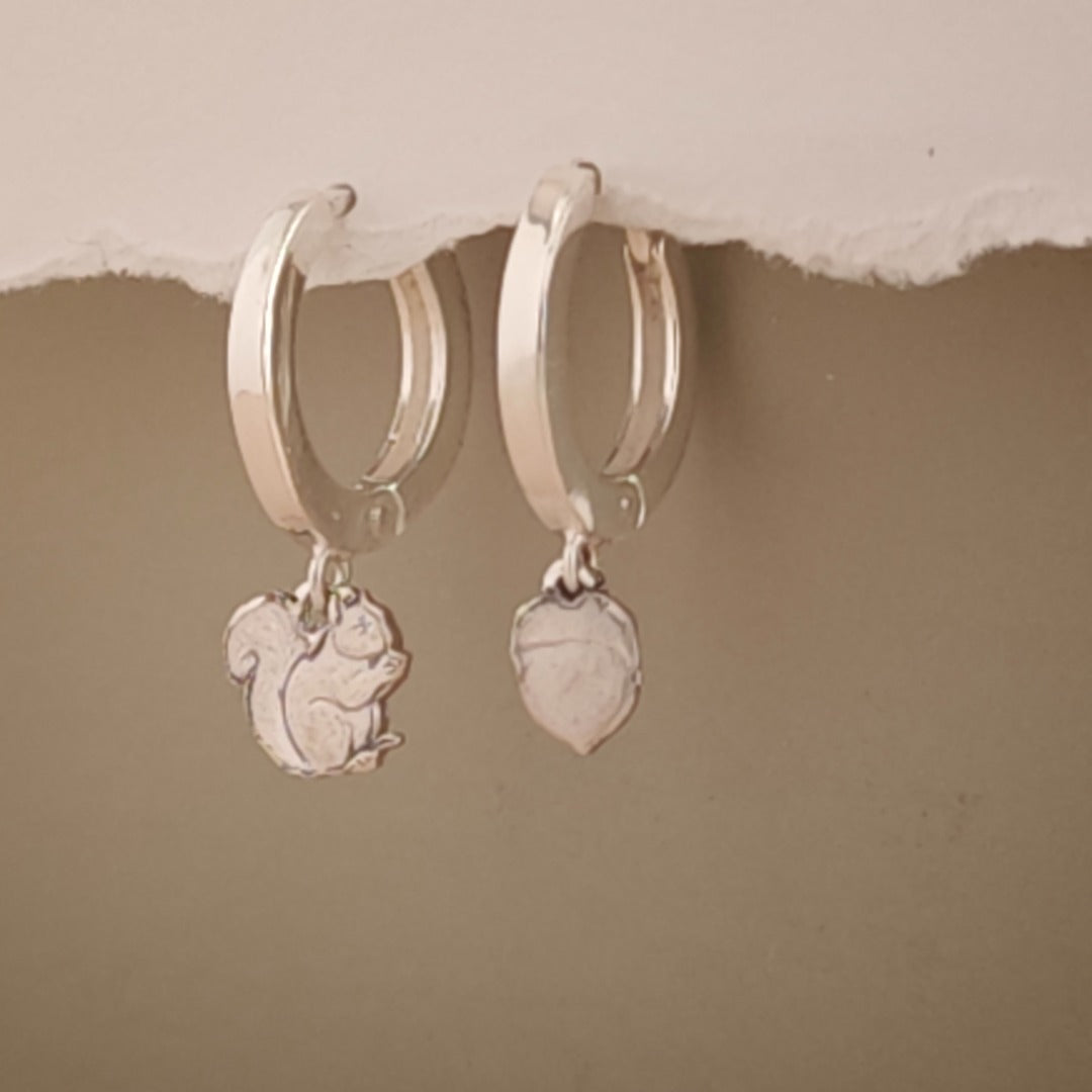 Squirrel and Acorn Engraved Sterling Silver Huggie Earrings