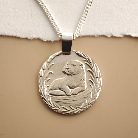 Otter Engraved Sterling Silver Coin Necklace