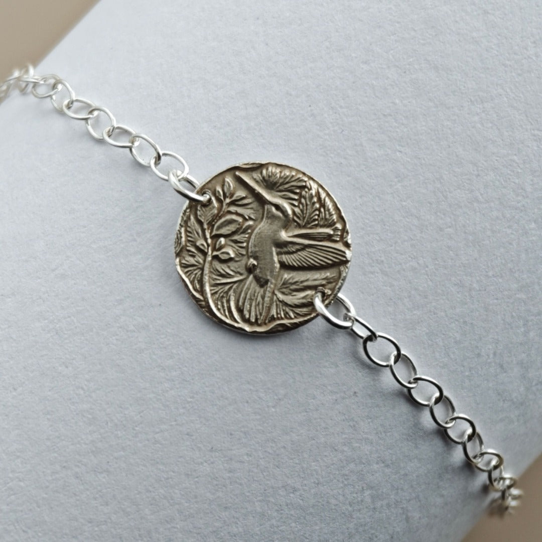 Hummingbird Engraved Sterling Silver Coin Bracelet