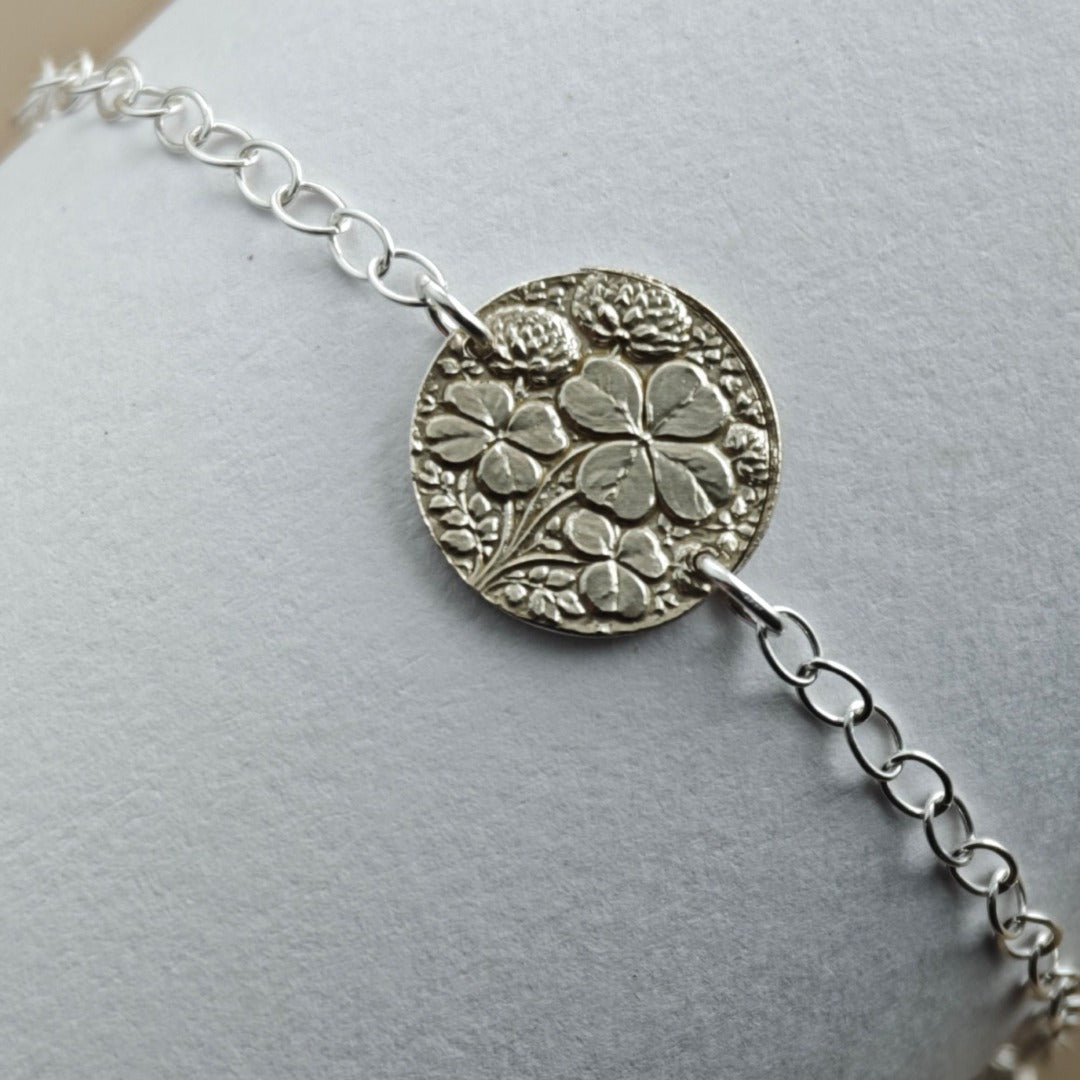 Four Leaf Clover Engraved Sterling Silver Coin Bracelet