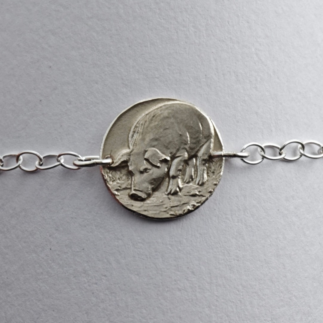 Pig Engraved Sterling Silver Coin Bracelet