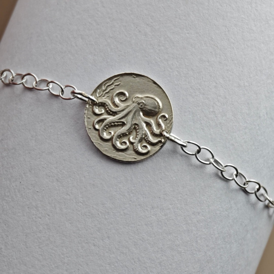 Octopus Engraved Sterling Silver Coin Bracelet