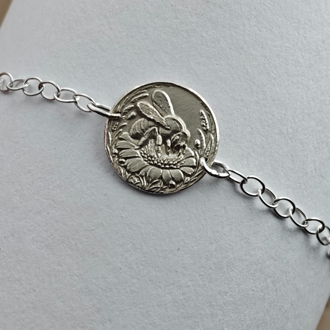 Bee Engraved Sterling Silver Coin Bracelet