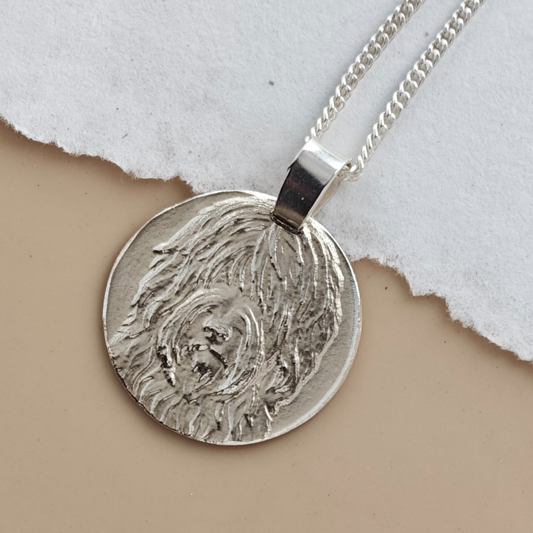 Shaggy Sheepdog Engraved Sterling Silver Coin Necklace