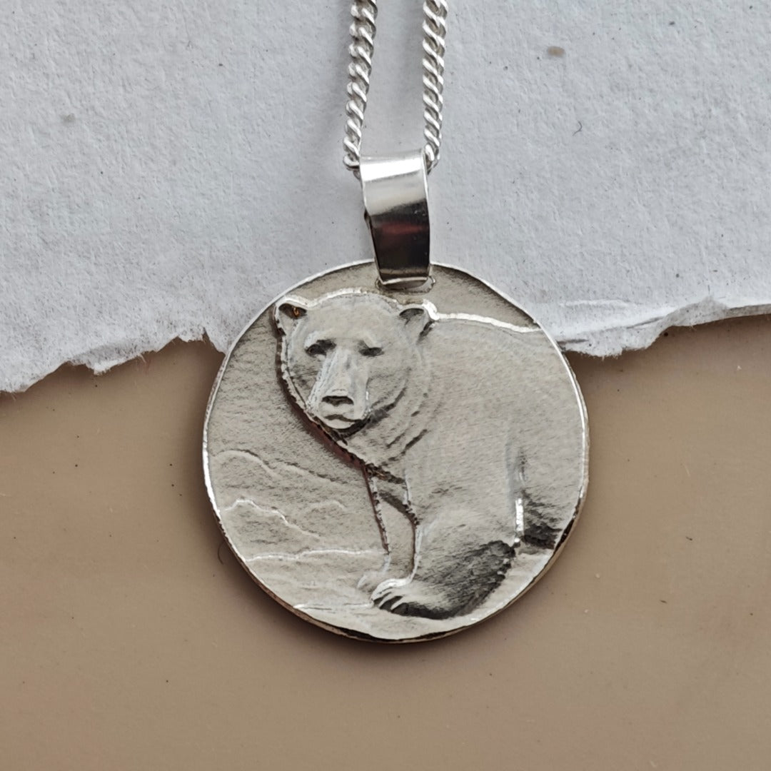 Polar Bear Coin Pendant Necklace, Recycled Sterling Silver