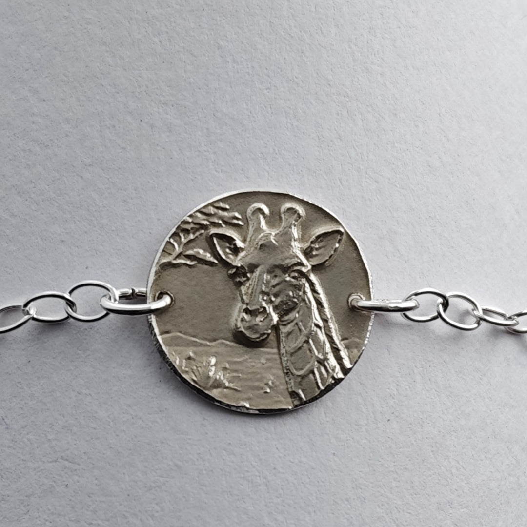 Giraffe Engraved Sterling Silver Coin Bracelet