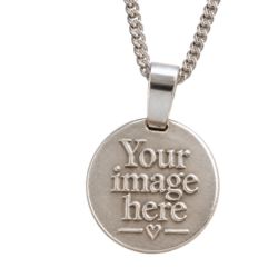 Custom embossed silver pendant, personalised 17mm sterling silver necklace handcrafted in the UK, angled view