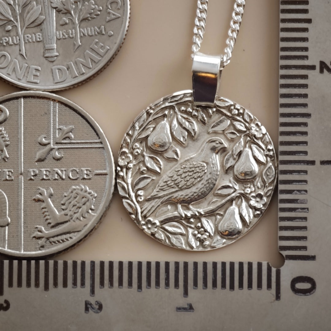 Partridge in a Pear Tree engraved coin pendant necklace in recycled sterling silver, Ojewellery Christmas jewellery