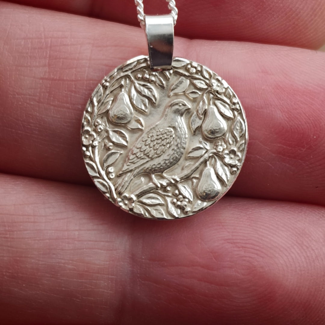 Partridge in a Pear Tree engraved coin pendant necklace in recycled sterling silver, Ojewellery Christmas jewellery