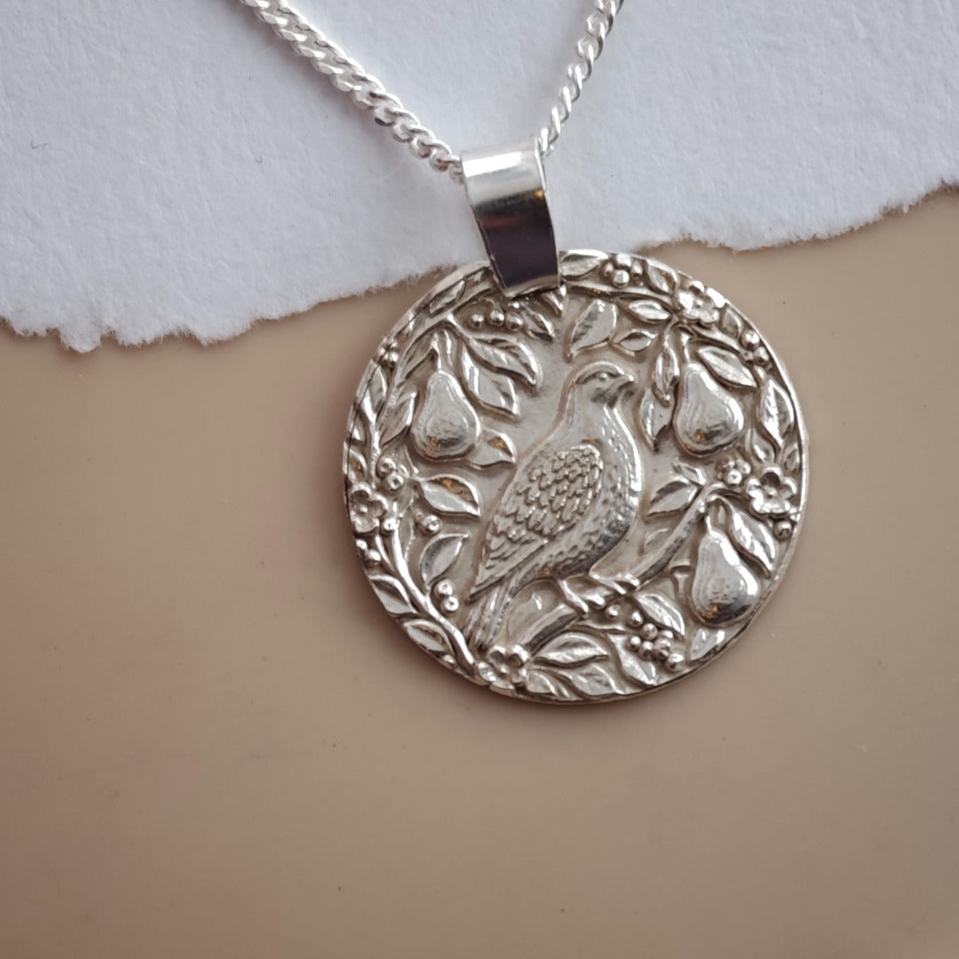 Partridge in a Pear Tree engraved coin pendant necklace in recycled sterling silver, Ojewellery Christmas jewellery