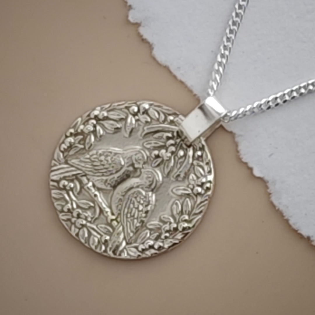 Two Turtle Doves Coin Necklace – Deep Engraved Recycled Sterling Silver, Christmas Gift