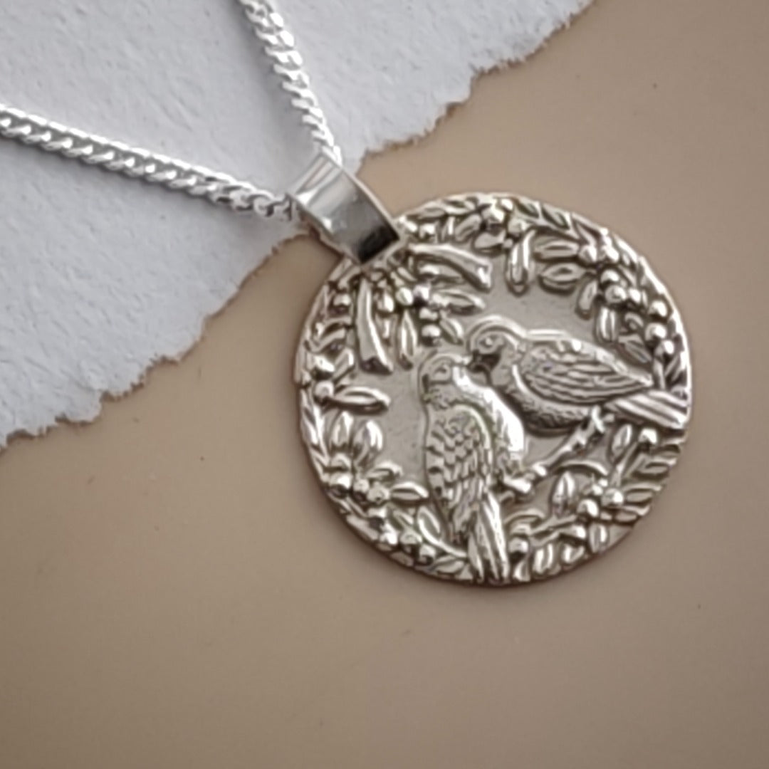 Two Turtle Doves engraved coin pendant necklace in recycled sterling silver, Ojewellery Christmas jewellery