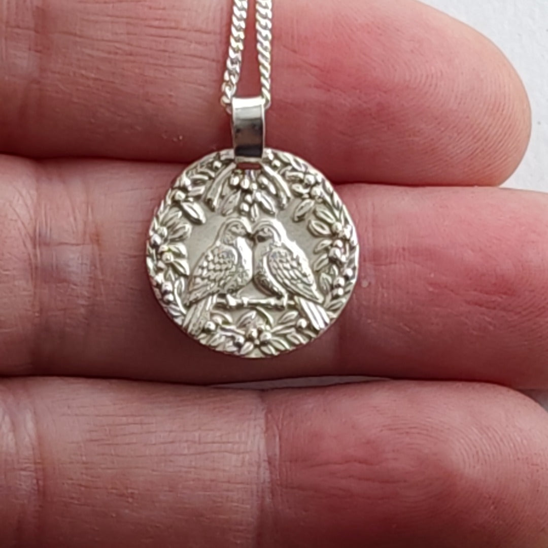 Two Turtle Doves engraved coin pendant necklace in recycled sterling silver, Ojewellery Christmas jewellery
